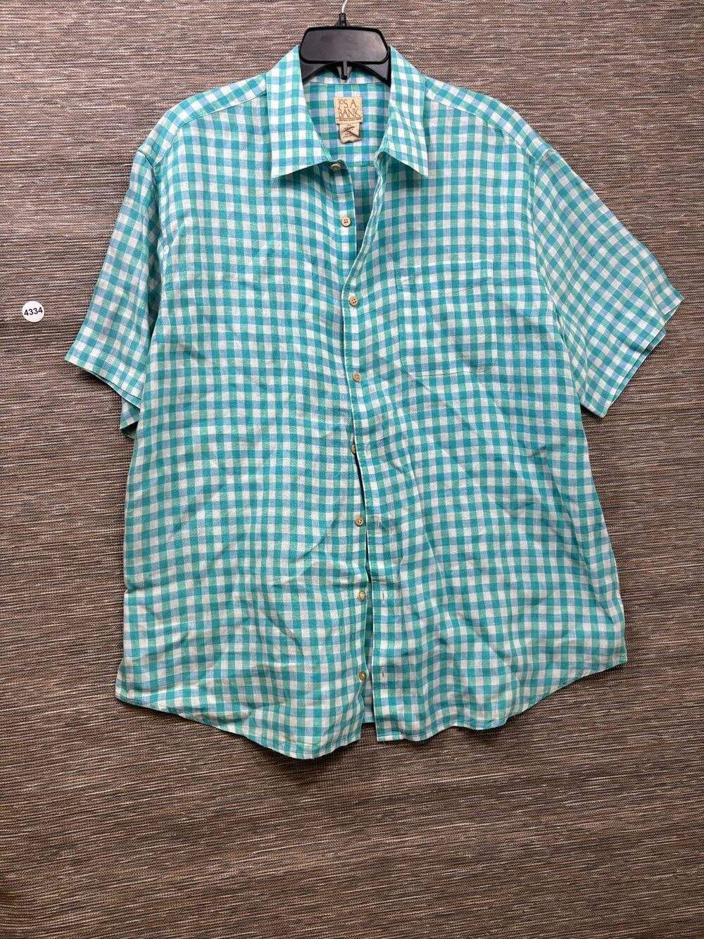 Jos. A. Bank Shirt Mens XL Green Check Gingham Linen Short Sleeve Button Up